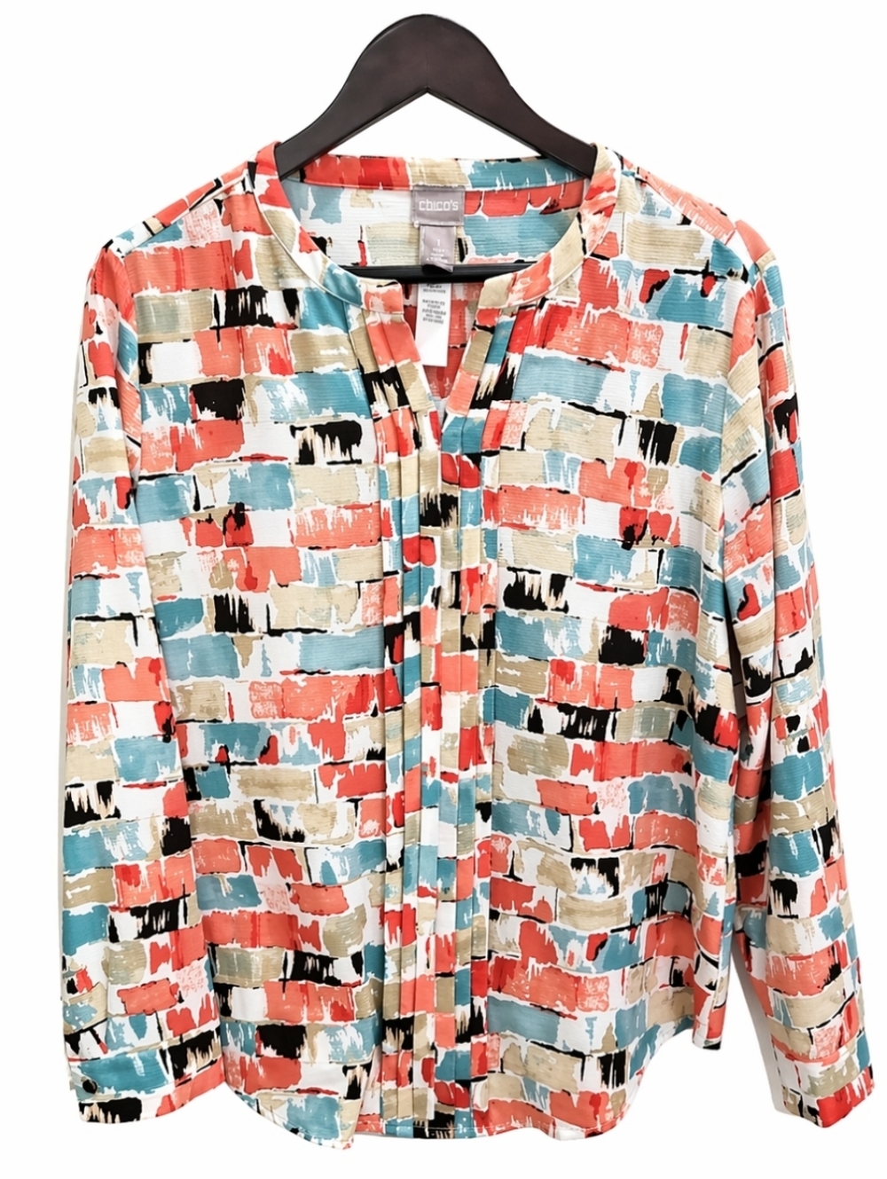 Chicos Orange Multi Brushstroke Pattern Pleated Vneck Blouse Sz 1 (M)